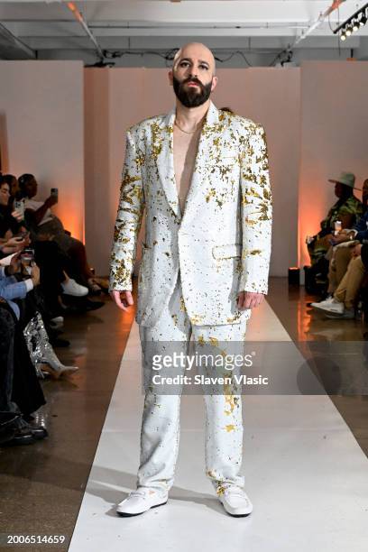 Model walks the runway wearing Karmic Couture during Model Icon NYFW S1 on February 12, 2024 in New York City.