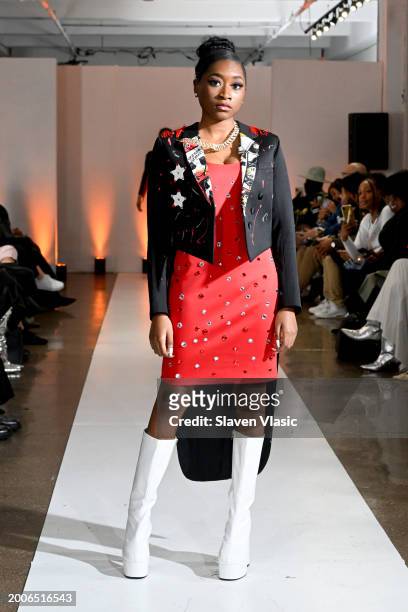 Model walks the runway wearing Stra'T'gik Visionary & Co. During Model Icon NYFW S1 on February 12, 2024 in New York City.