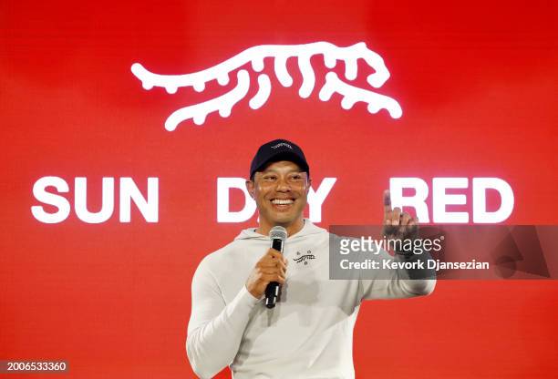 Tiger Woods speaks during the launch of Tiger Woods and TaylorMade Golf's new apparel and footwear brand "Sun Day Red" at Palisades Village on...