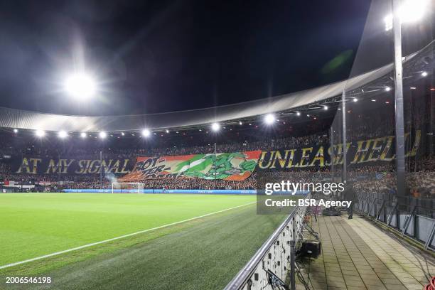 The flag Fans and Supporters of Feyenoord during the UEFA Europe League Play Offs match between Feyenoord and AS Roma at Stadion Feijenoord on...