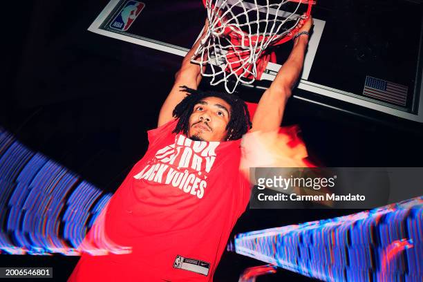 Jermaine Samuels Jr. #00 of the Houston Rockets warms up prior to facing the New York Knicks at Toyota Center on February 12, 2024 in Houston, Texas....