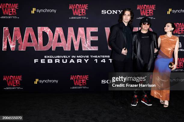 Nick Simmons, Gene Simmons and Sophie Tweed-Simmons attend the World Premiere of Sony Pictures' "Madame Web" at Regency Village Theatre on February...