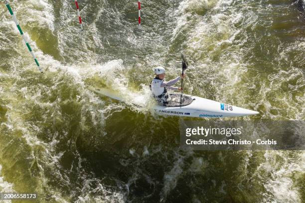 Tim Anderson of Australia who will compete in the Men's K1 at the Olympics goes through a gate on the course at training during the Australian 2024...