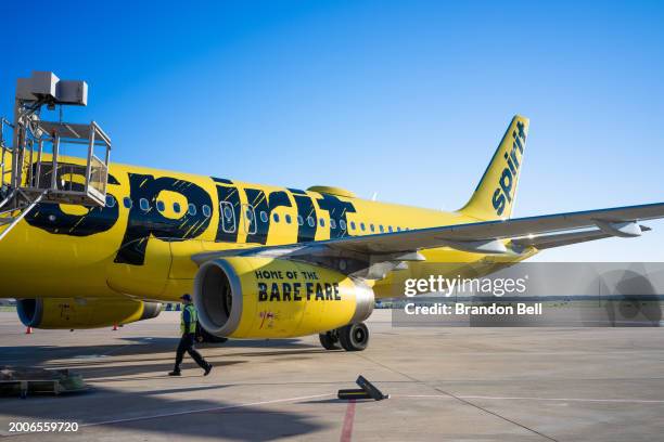 Spirit Airlines aircraft undergoes operations in preparation for departure at the Austin-Bergstrom International Airport on February 12, 2024 in...