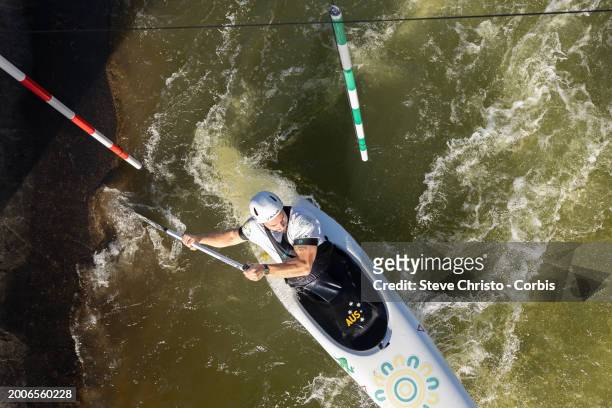 Tristan Carter of Australia who will compete in the Men's K1 at the Olympics goes through a gate on the course at training during the Australian 2024...