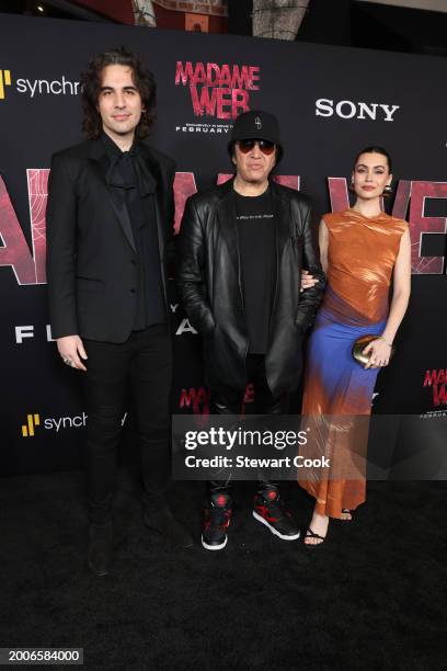 Nick Simmons, Gene Simmons and Sophie Tweed-Simmons at the Red-Carpet World Premiere of Columbia Pictures’ MADAME WEB at the Regency Village Westwood...