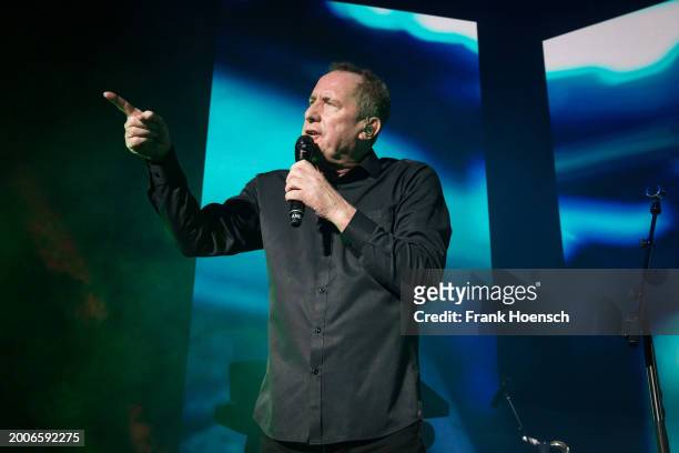 Singer Andy McCluskey of the British band OMD performs live on stage during a concert at the Tempodrom on February 12, 2024 in Berlin, Germany.