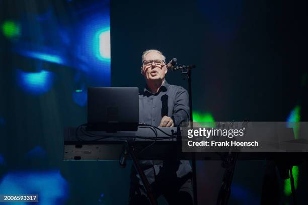 Paul Humphreys of the British band OMD performs live on stage during a concert at the Tempodrom on February 12, 2024 in Berlin, Germany.