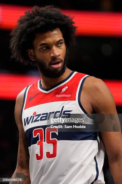 Marvin Bagley III of the Washington Wizards looks on during the first half against the Dallas Mavericks at American Airlines Center on February 12,...