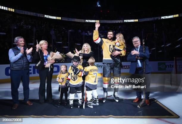 Alex Pietrangelo of the Vegas Golden Knights is honored alongside his family prior to his 1,000th career NHL game at T-Mobile Arena on February 12,...