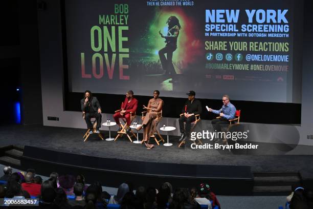 Rohan Marley, Kingsley Ben-Adir, Lashana Lynch, Reinaldo Marcus Green and Kostya Kennedy speak onstage during a Dotdash Meredith Special Screening of...