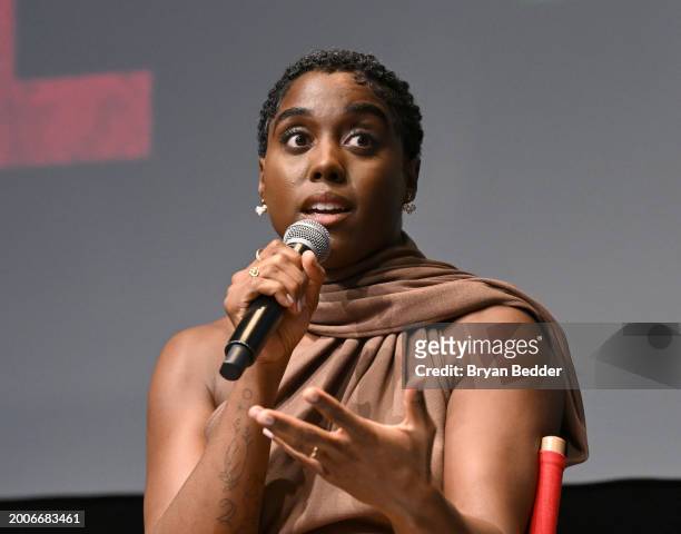 Lashana Lynch speaks onstage during the Dotdash Meredith Special Screening of "Bob Marley: One Love" at the Dotdash Meredith Screening Room on...