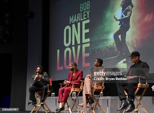 Rohan Marley, Kingsley Ben-Adir, Lashana Lynch and Reinaldo Marcus Green speak onstage during a Dotdash Meredith Special Screening of "Bob Marley:...