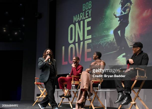 Rohan Marley, Kingsley Ben-Adir, Lashana Lynch and Reinaldo Marcus Green speak onstage during a Dotdash Meredith Special Screening of "Bob Marley:...