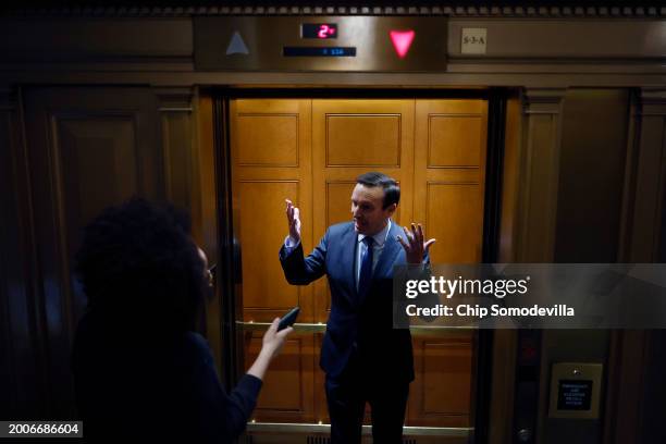 Sen. Chris Murphy expresses his frustration with his colleagues while talking to a reporter on an elevator at the U.S. Capitol on February 12, 2024...