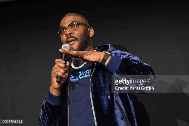 Tyler Perry speaks onstage during Netflix's MEA CULPA | Girls Night Out Screening With Kelly Rowland & Trevante Rhodes on February 12, 2024 in...