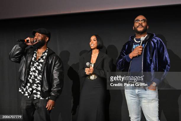 Trevante Rhodes, Kelly Rowland, and Tyler Perry speak onstage during Netflix's MEA CULPA | Girls Night Out Screening With Kelly Rowland & Trevante...