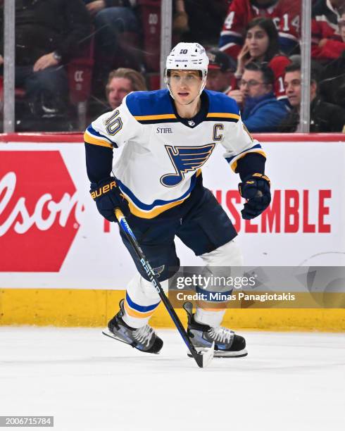 Brayden Schenn of the St. Louis Blues skates during the third period against the Montreal Canadiens at the Bell Centre on February 11, 2024 in...