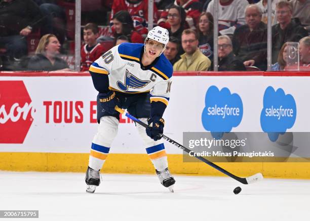 Brayden Schenn of the St. Louis Blues skates the puck during the third period against the Montreal Canadiens at the Bell Centre on February 11, 2024...