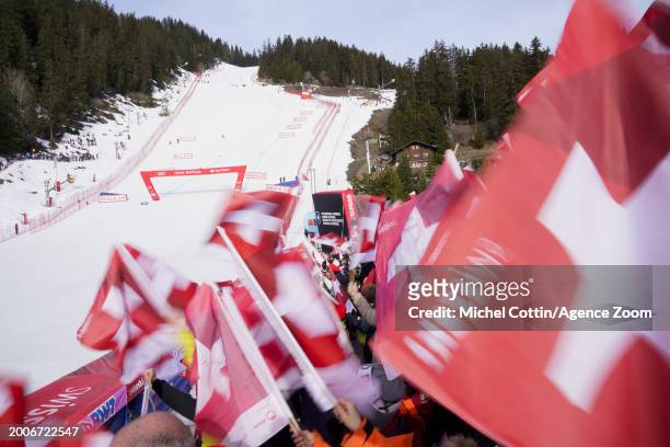 General view during the Audi FIS Alpine Ski World Cup Women's Downhill on February 16, 2024 in Crans Montana, Switzerland.