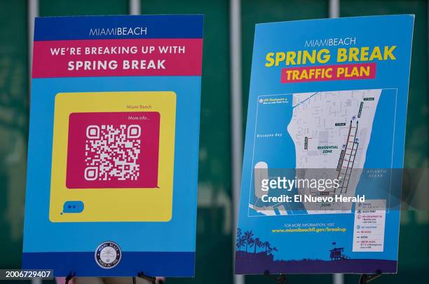 Map of Miami Beach's spring break traffic plan is displayed as Mayor Steven Meiner speaks during a news conference in front of the Miami Beach Police...