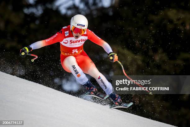 Switzerland's Jasmine Flury competes during the Women's downhill event at the FIS Alpine Ski World Cup in Crans-Montana, Switzerland, on February 16,...