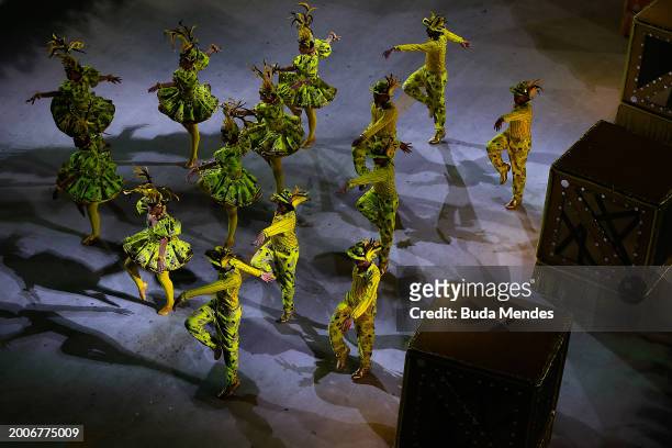 Members of Mocidade perform during 2024 Carnival parades at Sapucai Sambodrome on February 12, 2024 in Rio de Janeiro, Brazil.