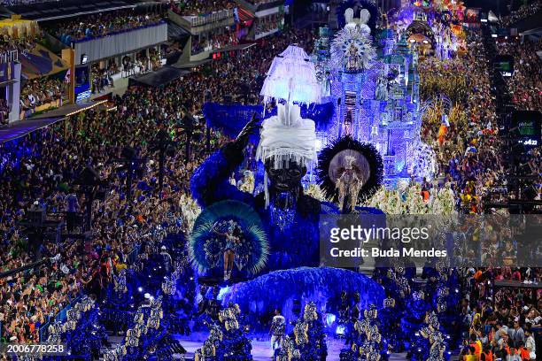 Members of Portela perform during 2024 Carnival parades at Sapucai Sambodrome on February 12, 2024 in Rio de Janeiro, Brazil.