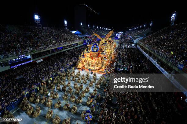 Members of Portela perform during 2024 Carnival parades at Sapucai Sambodrome on February 12, 2024 in Rio de Janeiro, Brazil.