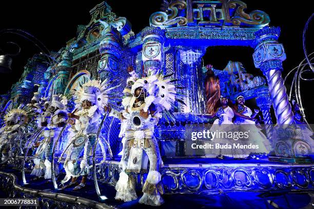 Members of Portela perform during 2024 Carnival parades at Sapucai Sambodrome on February 12, 2024 in Rio de Janeiro, Brazil.