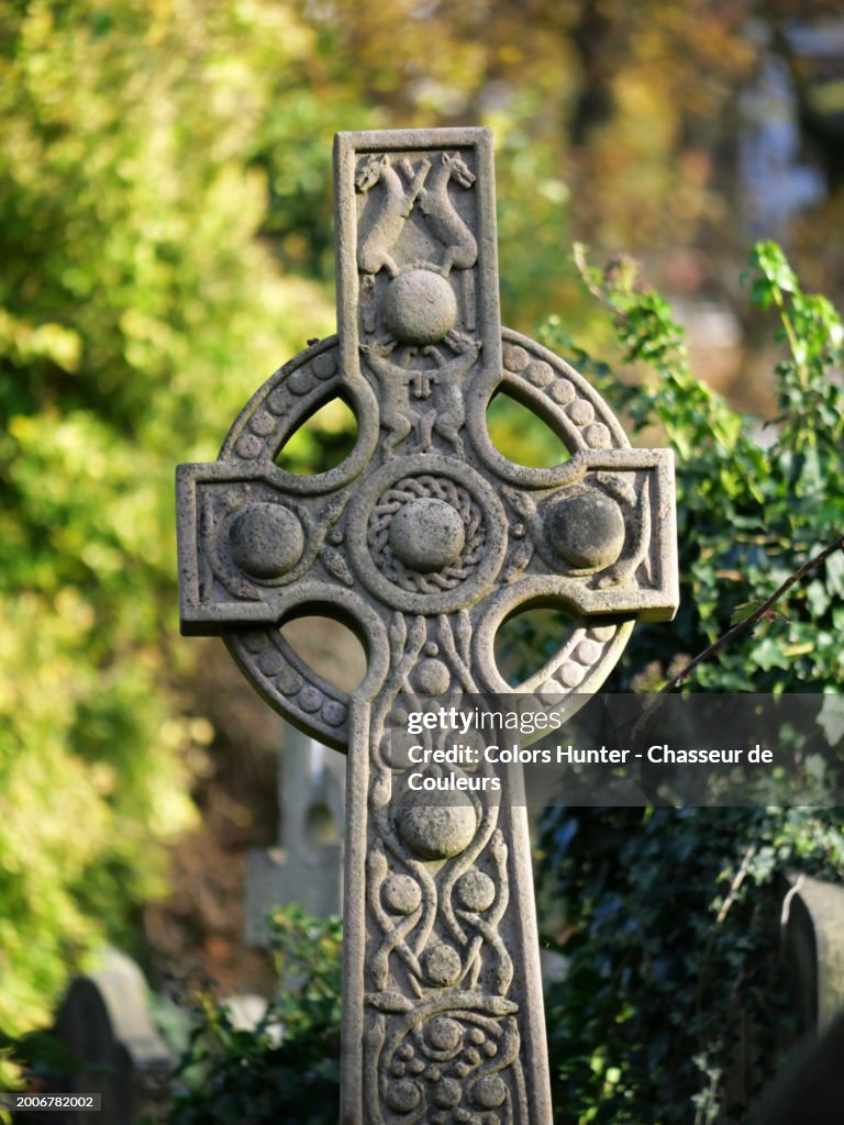 Close-up of an ancient Celtic stone cross decorated with dogs and snakes at Brompton Cemetery in London, England, United Kingdom. Sunlight. Natural colors.