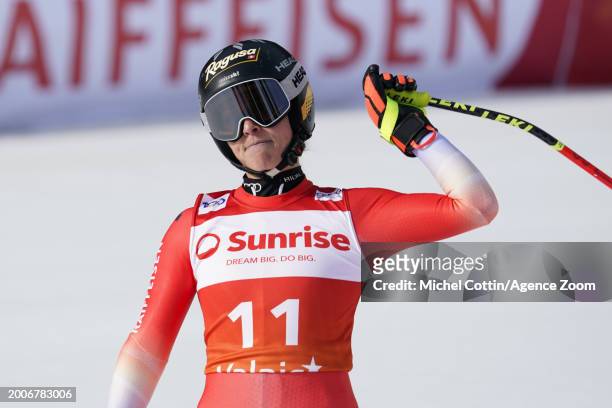 Lara Gut-behrami of Team Switzerland celebrates during the Audi FIS Alpine Ski World Cup Women's Downhill on February 16, 2024 in Crans Montana,...