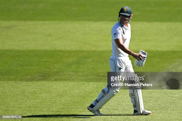 David Bedingham of South Africa walks off after being dismissed by Will Young of the New Zealand Black Caps during day one of the Men's Second Test...
