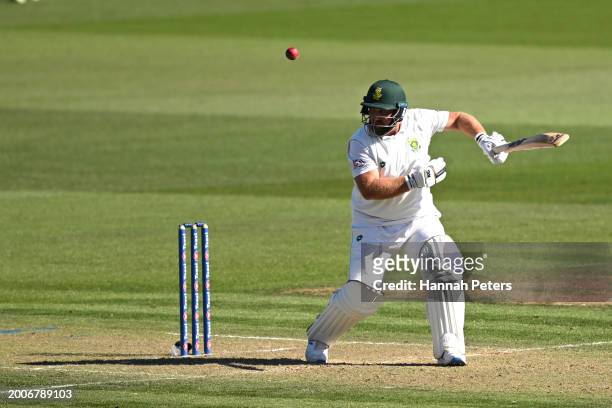 Shaun von Berg of South Africa batsduring day one of the Men's Second Test in the series between New Zealand and South Africa at Seddon Park on...