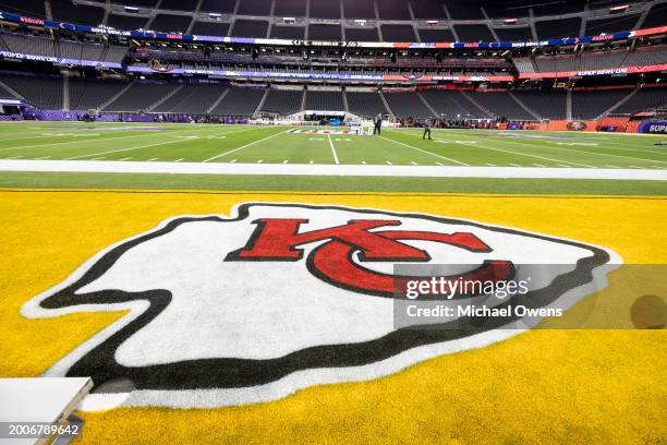 General wide view of the Kansas City Chiefs bench logo prior to the NFL Super Bowl 58 football game between the San Francisco 49ers and the Kansas...