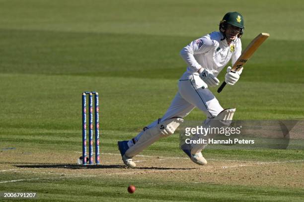Ruan de Swardt of South Africa bats during day one of the Men's Second Test in the series between New Zealand and South Africa at Seddon Park on...