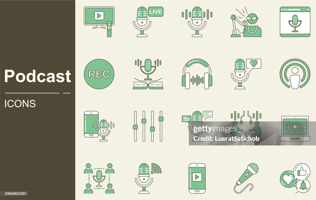 Jeu d’icônes de podcast. Station de radio, podcasting, Talk, Casques, Ondes sonores, Enregistrement en studio, Diffusion, Streaming, Podcast en direct, Influenceur, Voix, Parler, Divertissement, Interview, Médias sociaux
