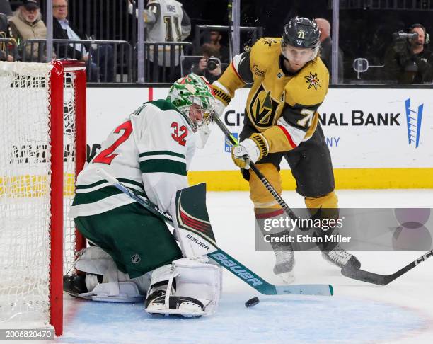 Filip Gustavsson of the Minnesota Wild makes a save against William Karlsson of the Vegas Golden Knights in the second period of their game at...