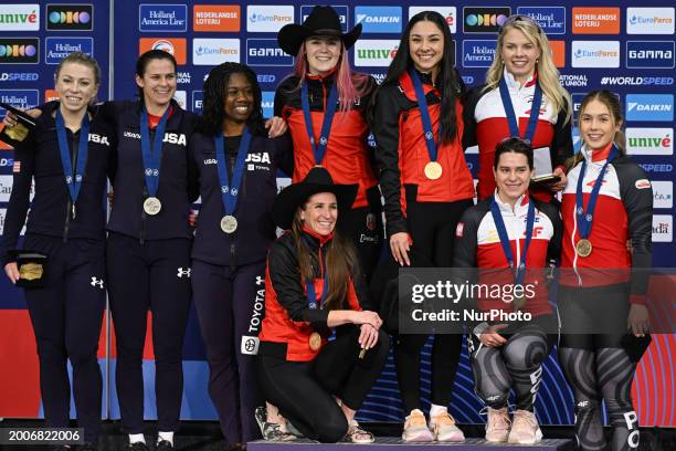 Team USA , Team Canada and Team Poland during Awards Ceremony of the Women's Team Sprint at the 2024 World Single Distances Speed Skating...