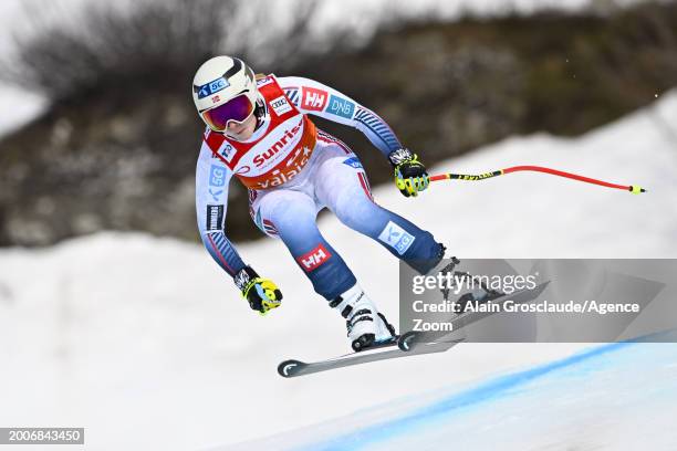 Ragnhild Mowinckel of Team Norway in action during the Audi FIS Alpine Ski World Cup Women's Downhill on February 16, 2024 in Crans Montana,...