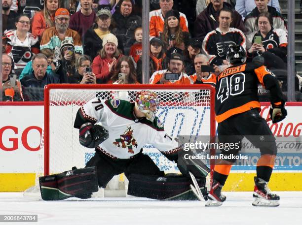 Morgan Frost of the Philadelphia Flyers scores on a second period penalty shot on goaltender Karel Vejmelka of the Arizona Coyotes at the Wells Fargo...