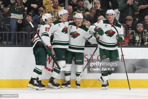 Matt Boldy of the Minnesota Wild celebrates after a goal during the third period against the Vegas Golden Knights at T-Mobile Arena on February 12,...