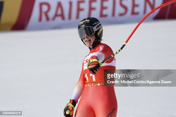 Lara Gut-behrami of Team Switzerland celebrates during the Audi FIS Alpine Ski World Cup Women's Downhill on February 16, 2024 in Crans Montana,...