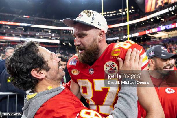 Travis Kelce of the Kansas City Chiefs celebrates with Actor Paul Rudd following the NFL Super Bowl 58 football game between the San Francisco 49ers...