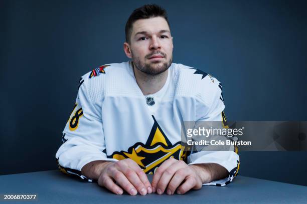 Tomas Hertl of the San Jose Sharks poses for his portrait prior to the 2024 Honda NHL All-Star Game on February 03, 2024 in Toronto, Ontario.