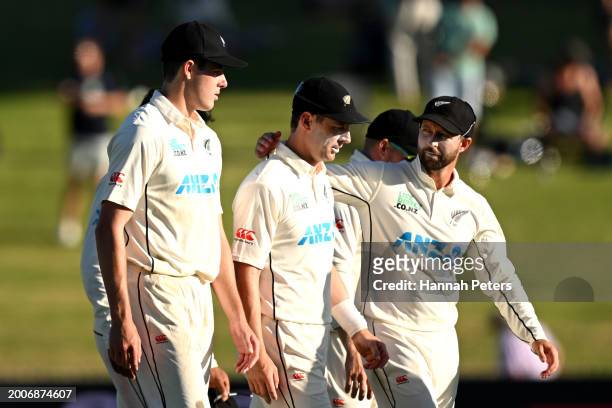 Will O'Rourke, Matt Henry and Devon Conway of the New Zealand Black Caps walk off during day one of the Men's Second Test in the series between New...
