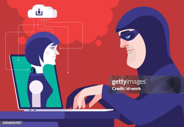 hacker using laptop with robot woman - two computers connected stock illustrations