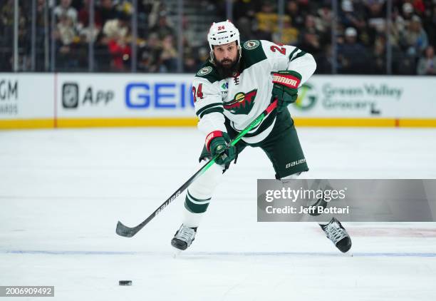 Zach Bogosian of the Minnesota Wild skates during the second period against the Vegas Golden Knights at T-Mobile Arena on February 12, 2024 in Las...