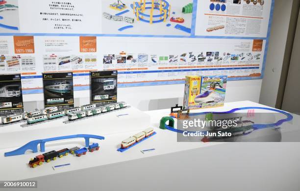 General view of product display during Takara Tomy’s 65th anniversary of Plarail project announcement on February 13, 2024 in Tokyo, Japan.