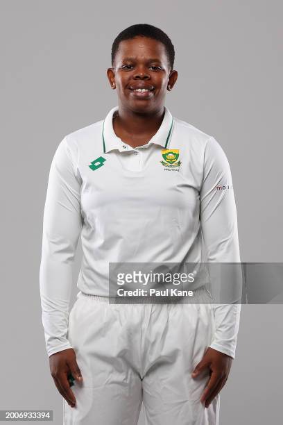 Sinalo Jafta of South Africa poses during a South Africa Women's Test Cricket 2024 Headshot Session on February 13, 2024 in Perth, Australia.
